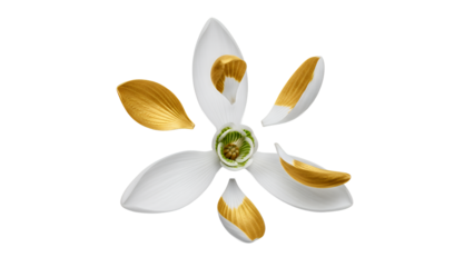 A delicate white flower with golden accents blooming in a serene environment viewed from directly above.