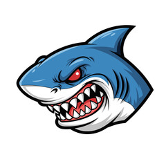 Naklejka premium Fierce blue shark head with aggressive red eyes and sharp teeth, depicted as a powerful sports team mascot or emblem. Isolated vector illustration of a marine predator