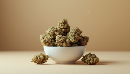 Vibrant cannabis buds overflowing from a white bowl, highlighting resinous trichomes and orange pistils, for medicinal plant identification