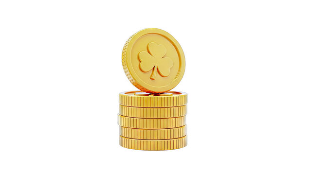 Gold Coins Stacked with Clover Symbol on White