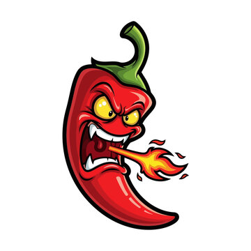 Fierce red hot chili pepper cartoon mascot breathing fire from its mouth, an aggressive and spicy food character concept illustration