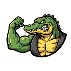 Obraz premium Powerful green alligator mascot flexing bicep, symbolizing strength, determination, and a competitive spirit. Ideal for sports branding or a fierce visual identity