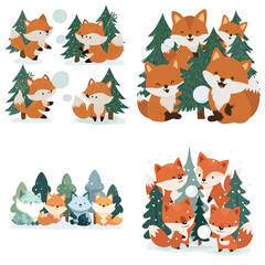 Cute fox family characters playing together among pine trees in a warm woodland illustration set ideal for kids decor nursery art and friendly nature storytelling