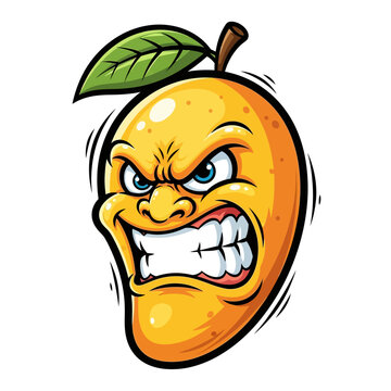 Vibrantly illustrated angry mango character with a fierce, snarling expression and bared teeth, perfect for eye-catching branding, fun packaging designs, or energetic food-related media