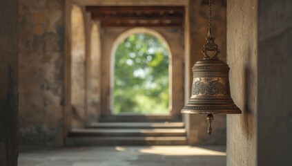 Obraz premium Ancient temple bell used for ceremonial purposes in a historical religious site
