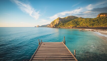 Fototapeta premium Jetty perspective facing the shoreline, ideal for UI backdrop or design elements