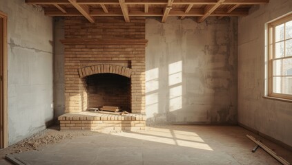 Home renovation activity constructing a fireplace indoors emphasizing finishing touches, safety considerations