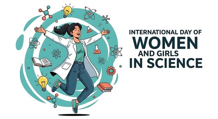 Woman in lab coat celebrating science day with atoms and books