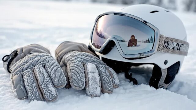 Cinematic close-up of crisp white winter sports tournament gear resting on a snowy slope.