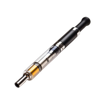 Modern vaping device with clear cartridge and metallic finish isolated on white transparent background