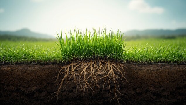 Exposed soil beneath grass cover on a lawn, useful for erosion control planning