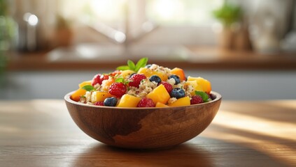 A bowl of fruit salad combined with couscous and basil, nutritious mixed fruit option for warm weather, World Food Day