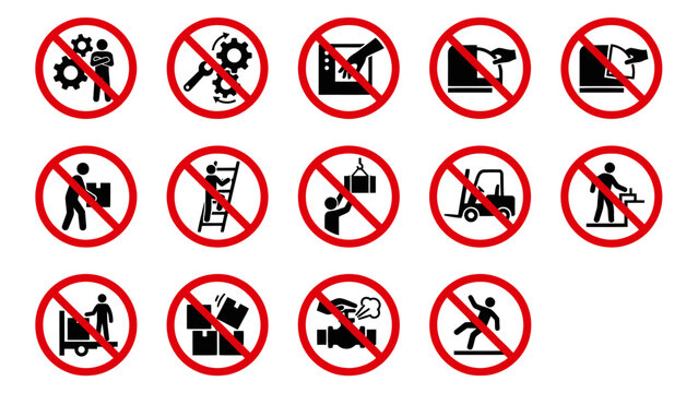 Vector icons Collection of prohibited signs for industrial safety and workplace regulations illustrating various forbidden actions and hazards. Vector Illustration. EPS Editable