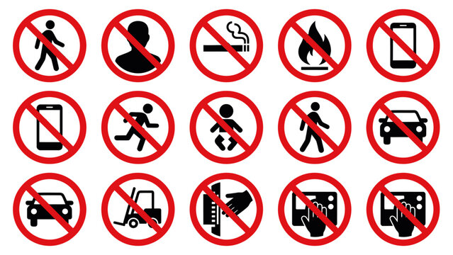 Vector icons Collection of various red prohibition signs with black icons indicating forbidden actions and restrictions. Vector Illustration. EPS Editable