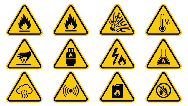 Vector icons Collection of Yellow Warning Hazard Signs for Safety and Danger. Vector Illustration. EPS Editable