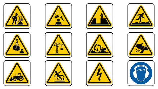 Vector icons Collection of various yellow and black warning signs for construction and industrial safety. Vector Illustration. EPS Editable