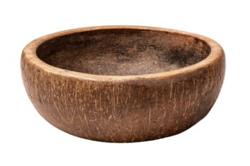 Natural brown coconut shell bowl with textured exterior on black background image, Png, Isolated on Transparent Background, Cut Out
