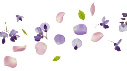 Delicate flower petals and leaves gently falling through the air