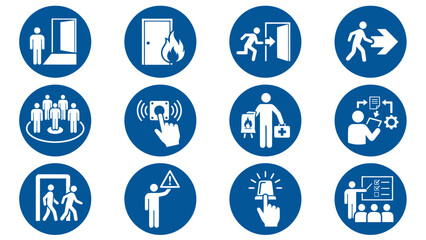 Vector icons Set of blue mandatory safety signs for various situations and actions. Vector Illustration. EPS Editable