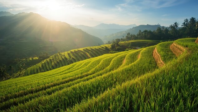 Agricultural landscape featuring stepped rice paddies, erosion control
