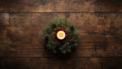 Christmas advent wreath featuring a burning candle on aged wood surface, holiday season decoration, winter celebration setting