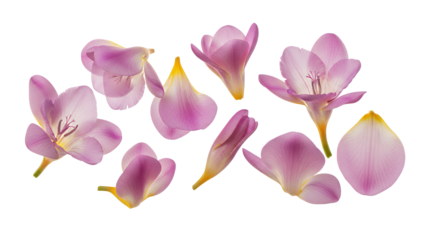A collection of delicate freesia flower petals arranged on a white background