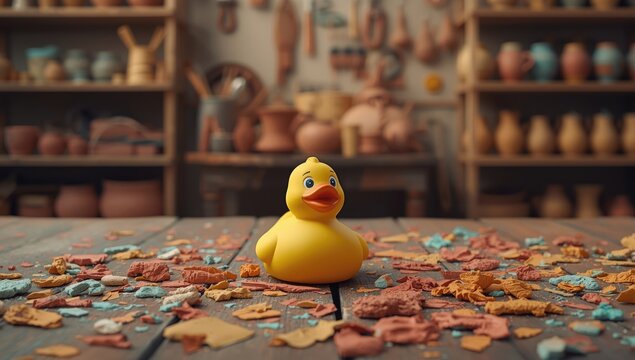 Ceramicist's table with a yellow rubber duck and scattered clay pieces, highlighting studio cleanup activities - Powered by Adobe