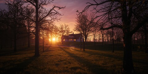 Sunset with vivid sky colors casting warm light on trees along a travel route to a dream house, seasonal change