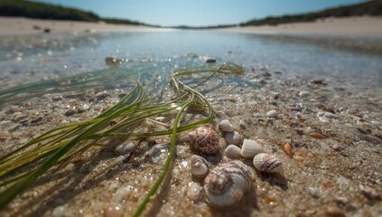 Seaweed, salt, and shell components arranged to serve as a textural background for food styling or editorial layouts