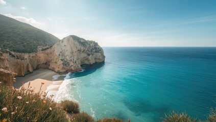 Fototapeta premium Turquoise water and rocky coast at Cala de Moraig in Alicante, Spain, ideal for editorial header background or visual design