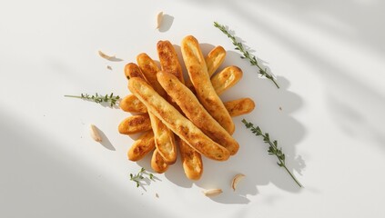 Crunchy breadsticks flavored with garlic and oregano, suitable for sharing or serving as a starter, textures and patterns, snack accessory