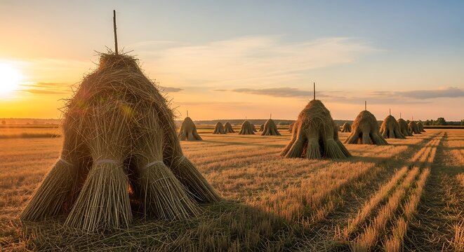 Haystacks on Field at Sunset.