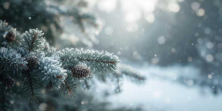 Frosted evergreen foliage with ice crystals, winter landscape decoration, Earth Day - Powered by Adobe
