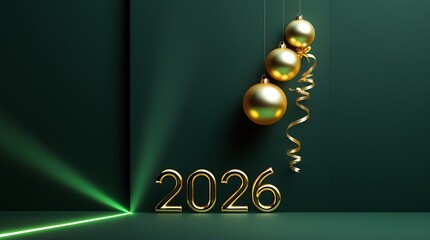 Minimalist 3d presentation of 2026 in bold gold typeface set against dark emerald wall with festive ornaments
