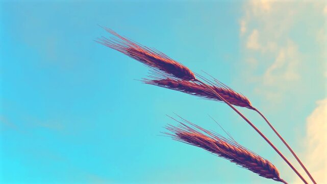 Wheat in golden sun rays on blue sky background. Golden wheat on clear blue sky with space for text. Wheat stalks stand tall, golden, gently swaying in breeze. Corn markets. Grain harvesting season. 