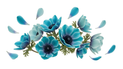 A serene arrangement of blue flowers and petals in a delicate floral display