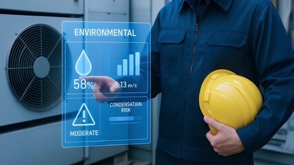 Environmental data display showing humidity 58 percent, wind speed 5.13 m/s, moderate condensation risk, industrial air conditioning unit with safety helmet for enhanced risk management and safety