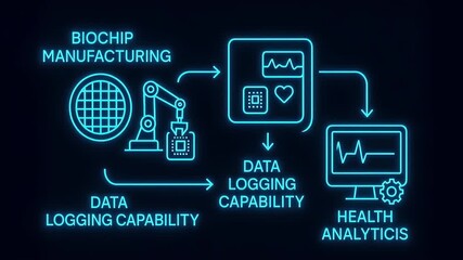 Biochip manufacturing process featuring robotic arm and data logging capabilities with health analytics displayed digital screen, neon blue technology icons and advanced medical data processing - Powered by Adobe