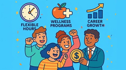Flexible hours wellness programs career growth with diverse people celebrating success financial rewards teamwork positive attitude business environment confetti clock icon graph icon smiling group