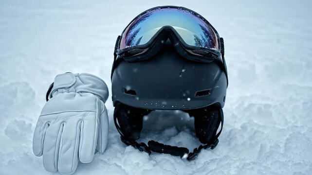 Cinematic black ski gear, featuring a helmet and glove, rests on the crisp snowy slope, ready for the championship tournament.