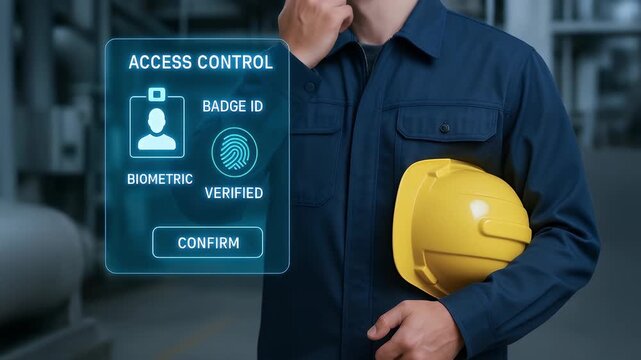 Access control biometric verification fingerprint scan badge ID security technology for secure industrial construction site entry worker holding yellow safety helmet modern security system