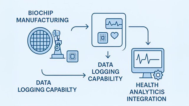 Biochip manufacturing process featuring robotic arm, data logging capability, health analytics integration, and digital health monitoring shown simple blue line diagram for medical technology