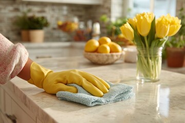 Hand in yellow glove cleaning a kitchen countertop with a blue cloth
