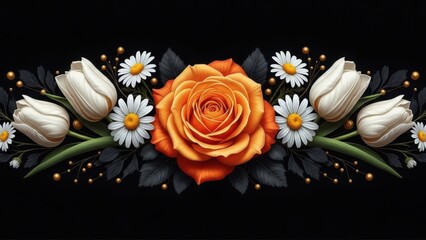 Beautiful orange rose surrounded by white tulips and daisies