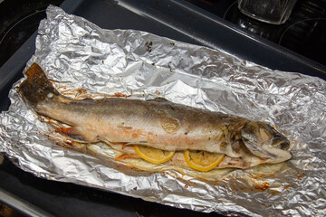  smoked trout fried in aluminum foil