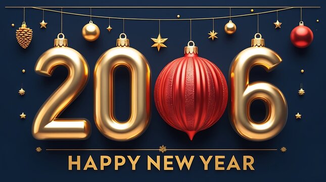 Happy new year 2006 banner with gold inflatable numbers and large red hanging bauble on deep blue background decorated with pine cones and golden stars for nostalgic winter holiday celebration theme