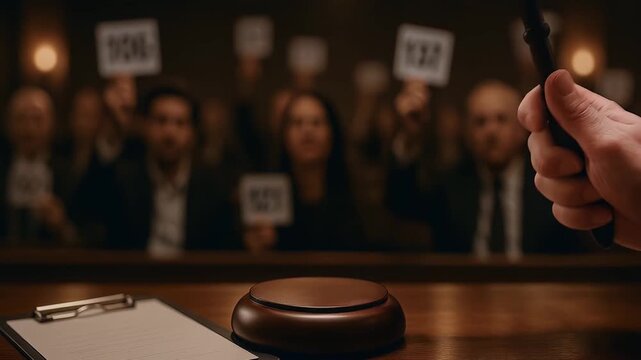Auction gavel wooden judge hand holding number card with bidders in background capturing intense competitive bidding competition in formal auction setting focused atmosphere