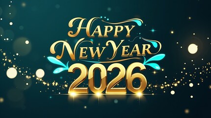 Happy new year 2026 luxury background with glowing gold numbers and sparkling particles on dark gradient surface featuring teal splashing accents and elegant script typography for holiday celebration