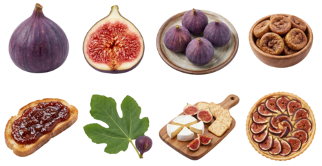 set of a fig collection in different forms, whole, dried, jam isolated on a transparent background