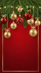 christmas background with red balls and fir branches